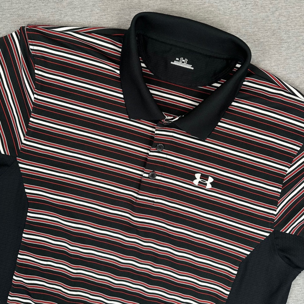 Under Armour Performance Polo Shirt Mens XL Black‎ Red White Striped Athletic